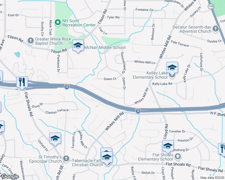 map of restaurants, bars, coffee shops, grocery stores, and more near 2392 Oakridge Court in Decatur