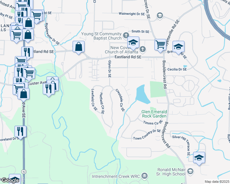 map of restaurants, bars, coffee shops, grocery stores, and more near 2518 Crestdale Circle Southeast in Atlanta
