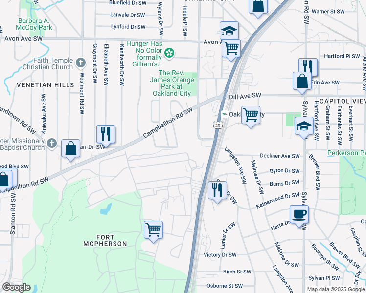 map of restaurants, bars, coffee shops, grocery stores, and more near 1486 Connally Avenue Southwest in Atlanta