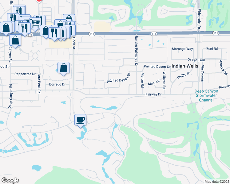 map of restaurants, bars, coffee shops, grocery stores, and more near 75340 Fairway Drive in Indian Wells