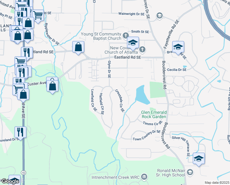 map of restaurants, bars, coffee shops, grocery stores, and more near 2518 Crestdale Circle Southeast in Atlanta