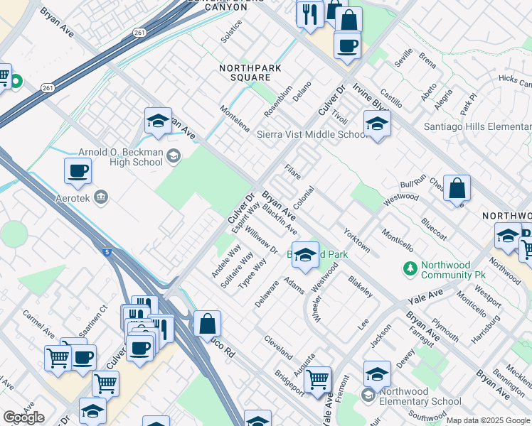 map of restaurants, bars, coffee shops, grocery stores, and more near 4082 Blackfin Avenue in Irvine