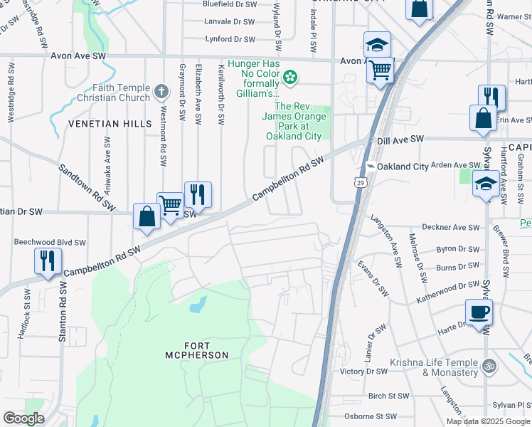 map of restaurants, bars, coffee shops, grocery stores, and more near 1481 Olive Street Southwest in Atlanta