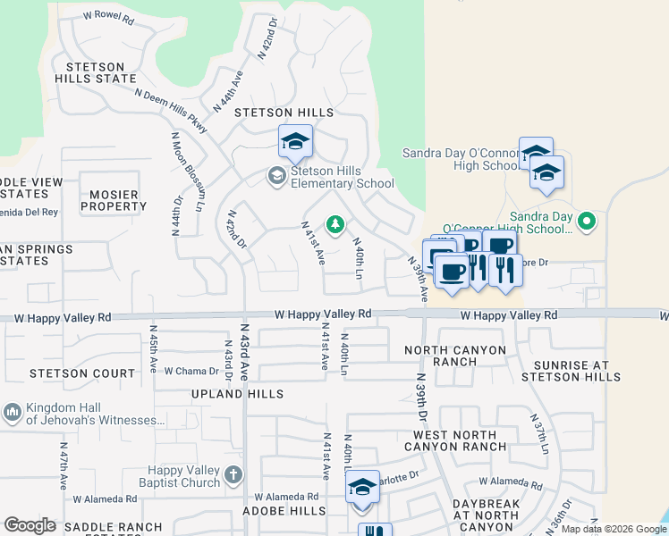 map of restaurants, bars, coffee shops, grocery stores, and more near 4033 West Hackamore Drive in Phoenix