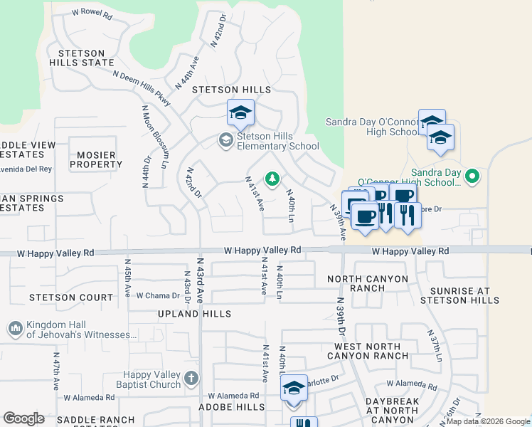 map of restaurants, bars, coffee shops, grocery stores, and more near 25036 North 41st Avenue in Phoenix