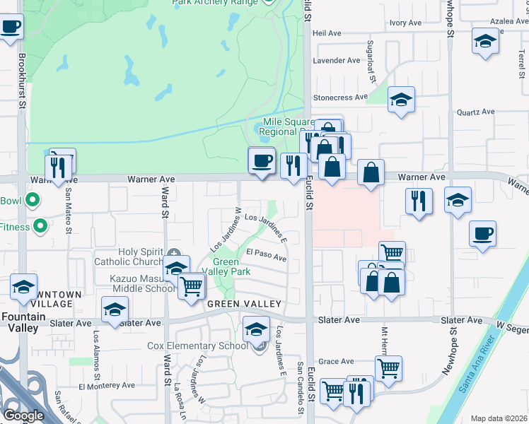 map of restaurants, bars, coffee shops, grocery stores, and more near 10802 Los Jardines East in Fountain Valley