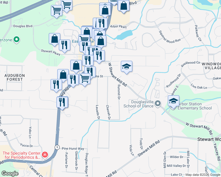 map of restaurants, bars, coffee shops, grocery stores, and more near 3376 Summit Drive in Douglasville