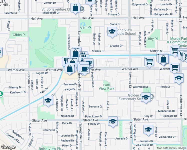 map of restaurants, bars, coffee shops, grocery stores, and more near 17052 Pinehurst Lane in Huntington Beach