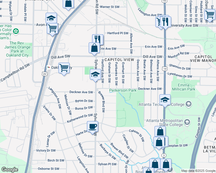 map of restaurants, bars, coffee shops, grocery stores, and more near 1475 Graham Street Southwest in Atlanta