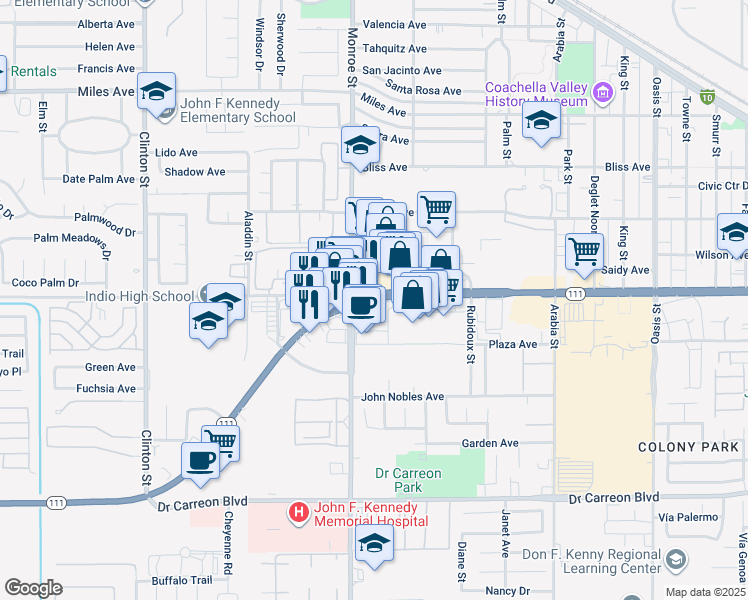 map of restaurants, bars, coffee shops, grocery stores, and more near 2 California 111 in Calipatria