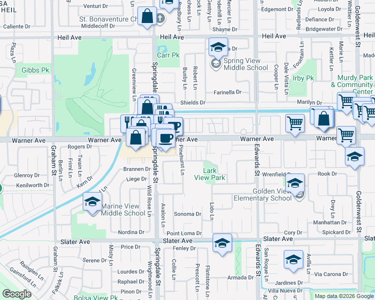 map of restaurants, bars, coffee shops, grocery stores, and more near 17061 Grove Circle in Huntington Beach