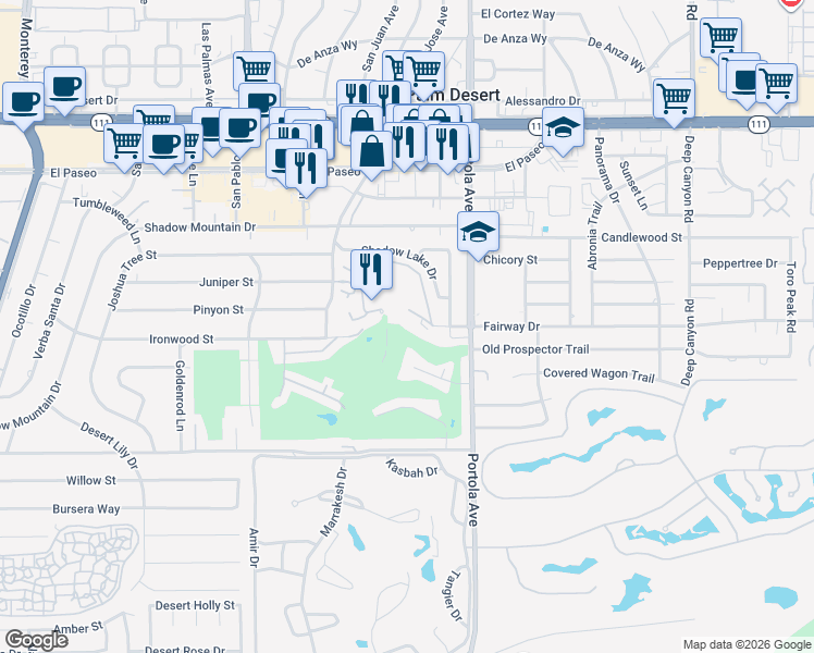 map of restaurants, bars, coffee shops, grocery stores, and more near 73879 Club Circle Drive in Palm Desert