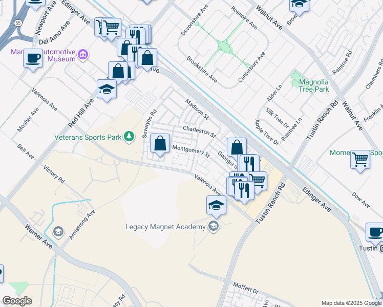 map of restaurants, bars, coffee shops, grocery stores, and more near 15229 Columbus Square in Tustin