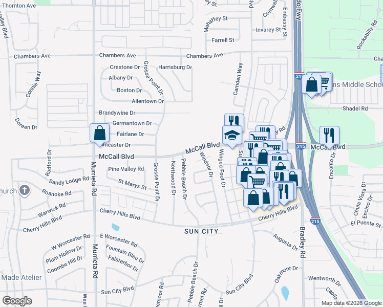 map of restaurants, bars, coffee shops, grocery stores, and more near 26470 Hempstead Court in Menifee