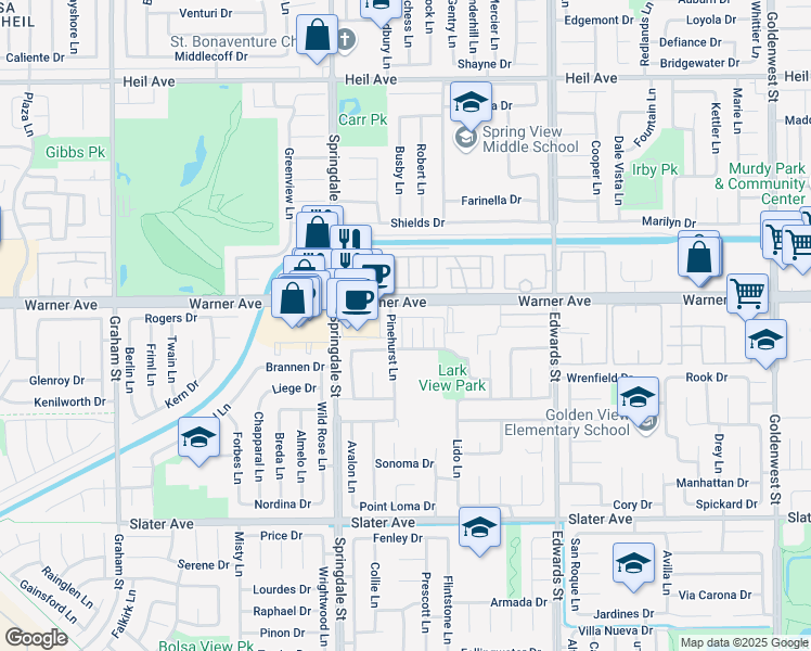 map of restaurants, bars, coffee shops, grocery stores, and more near 17061 Grove Circle in Huntington Beach