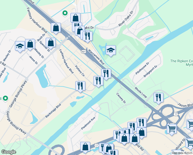 map of restaurants, bars, coffee shops, grocery stores, and more near 2999 Waccamaw Boulevard in Myrtle Beach