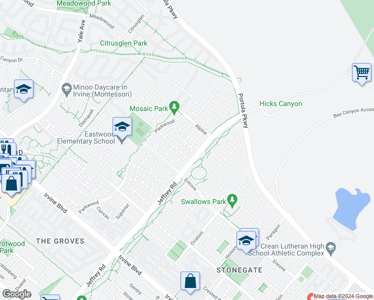map of restaurants, bars, coffee shops, grocery stores, and more near 181 Frontier in Irvine