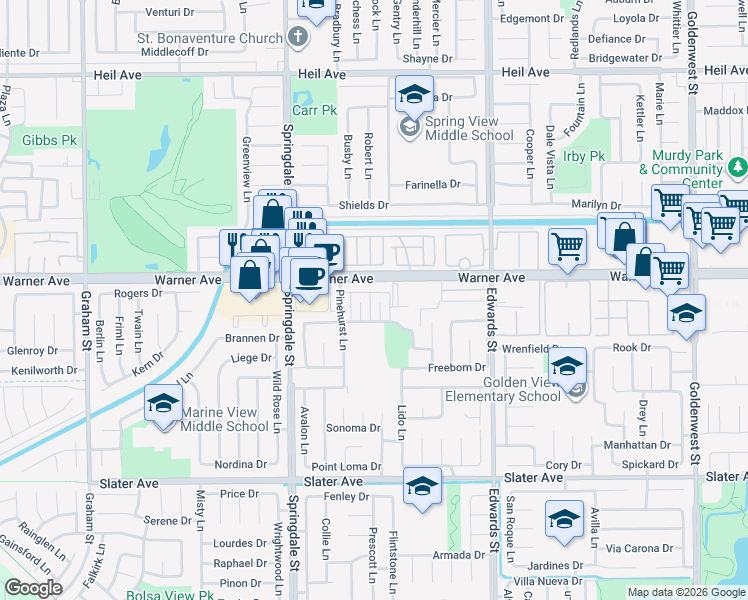 map of restaurants, bars, coffee shops, grocery stores, and more near 17061 Evergreen Circle in Huntington Beach