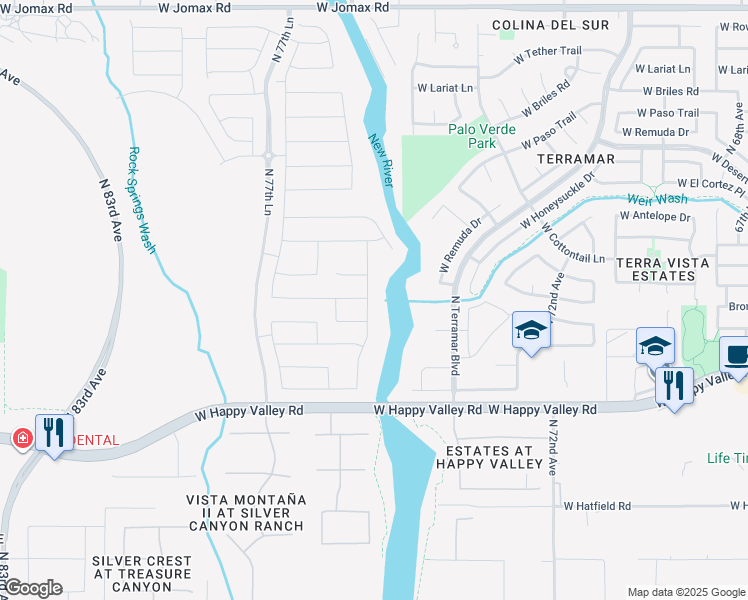 map of restaurants, bars, coffee shops, grocery stores, and more near 25250 North Terramar Boulevard in Peoria