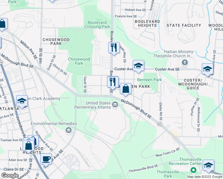 map of restaurants, bars, coffee shops, grocery stores, and more near 581 Federal Terrace Southeast in Atlanta
