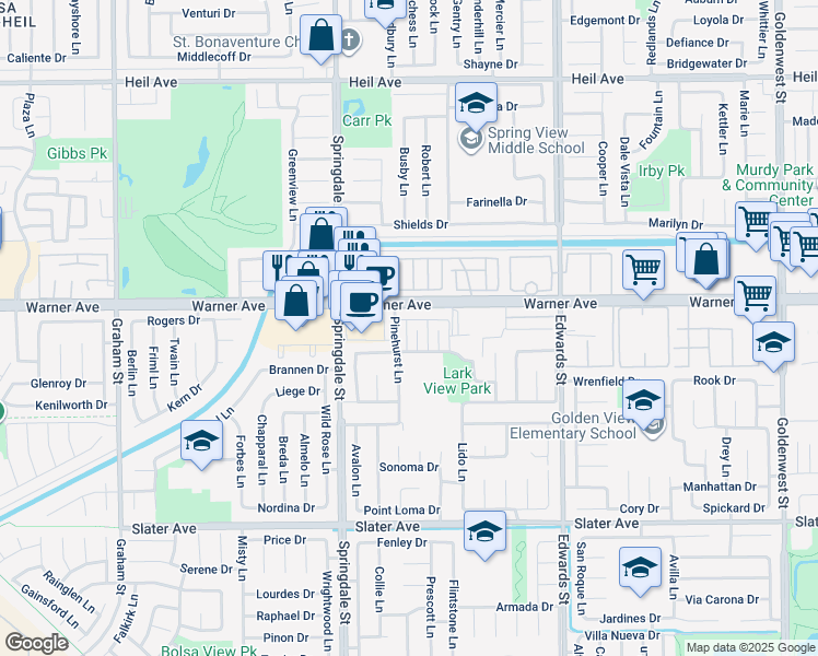 map of restaurants, bars, coffee shops, grocery stores, and more near 17061 Grove Circle in Huntington Beach