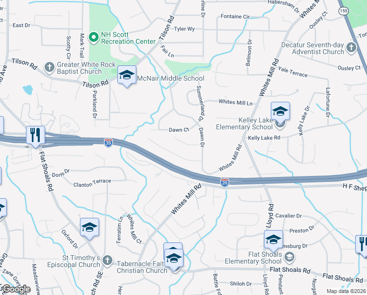 map of restaurants, bars, coffee shops, grocery stores, and more near 2392 Oakridge Court in Decatur