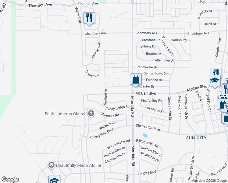map of restaurants, bars, coffee shops, grocery stores, and more near 25830 McCall Boulevard in Menifee