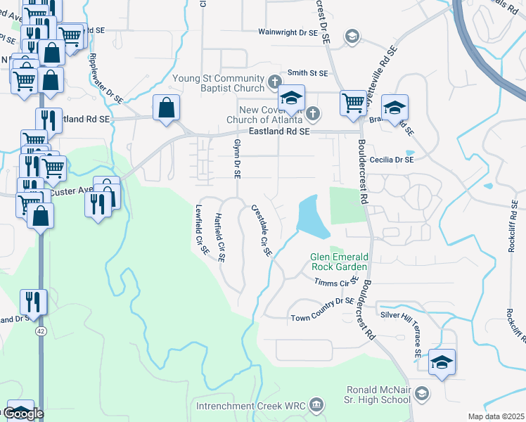 map of restaurants, bars, coffee shops, grocery stores, and more near 2491 Crestdale Circle Southeast in Atlanta