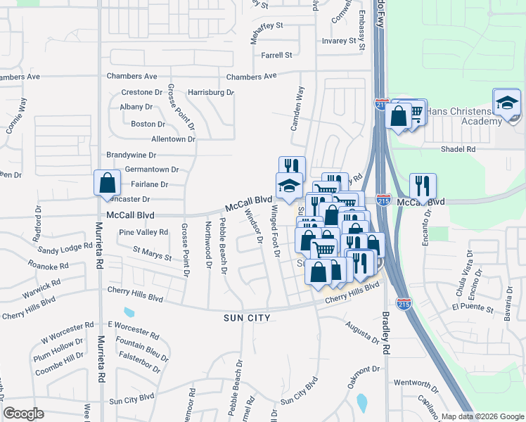 map of restaurants, bars, coffee shops, grocery stores, and more near 28030 Windsor Drive in Menifee