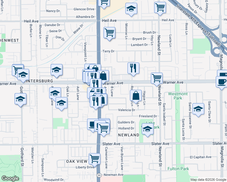 map of restaurants, bars, coffee shops, grocery stores, and more near 17062 B Lane in Huntington Beach