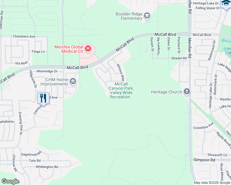 map of restaurants, bars, coffee shops, grocery stores, and more near 28363 Brantley Court in Menifee