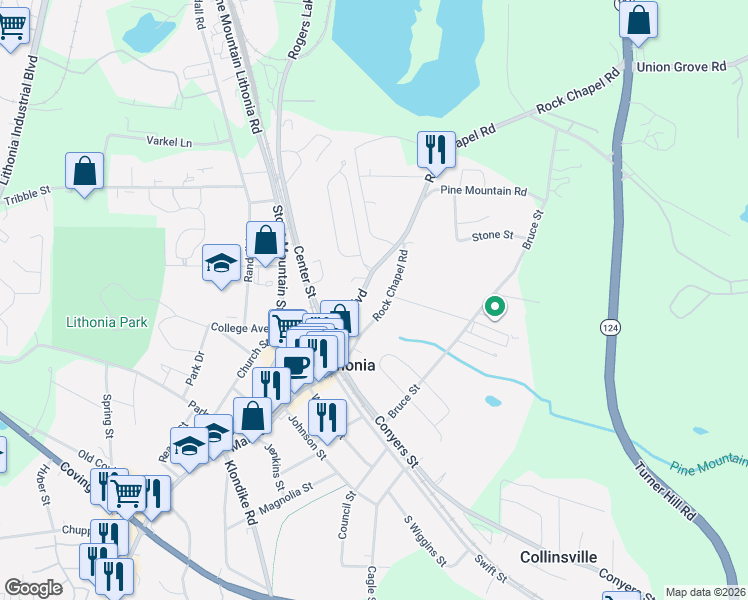map of restaurants, bars, coffee shops, grocery stores, and more near 2694 Rock Chapel Road in Lithonia