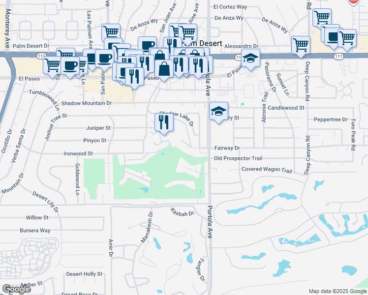 map of restaurants, bars, coffee shops, grocery stores, and more near 73879 Club Circle Drive in Palm Desert