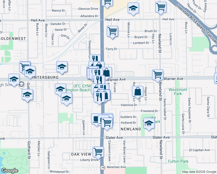 map of restaurants, bars, coffee shops, grocery stores, and more near 17101 A Lane in Huntington Beach