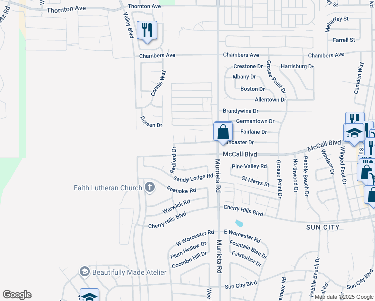 map of restaurants, bars, coffee shops, grocery stores, and more near 25830 McCall Boulevard in Menifee