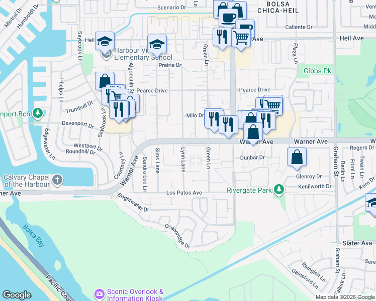 map of restaurants, bars, coffee shops, grocery stores, and more near 4762 Tiara Drive in Huntington Beach