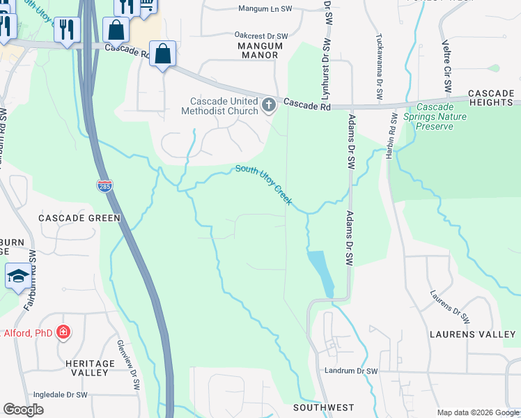 map of restaurants, bars, coffee shops, grocery stores, and more near 3181 Key Drive Southwest in Atlanta