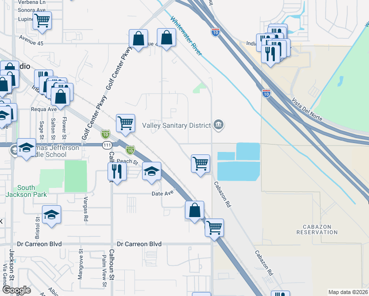 map of restaurants, bars, coffee shops, grocery stores, and more near 46050 Commerce Street in Indio