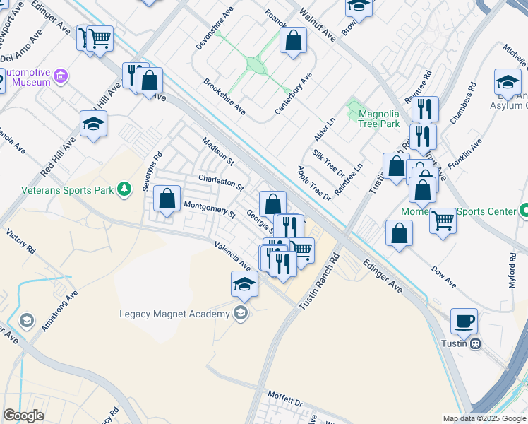map of restaurants, bars, coffee shops, grocery stores, and more near 1423 Georgia Street in Tustin