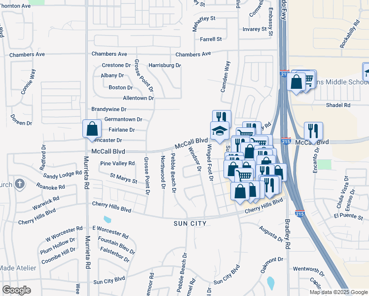 map of restaurants, bars, coffee shops, grocery stores, and more near 26495 McCall Boulevard in Menifee