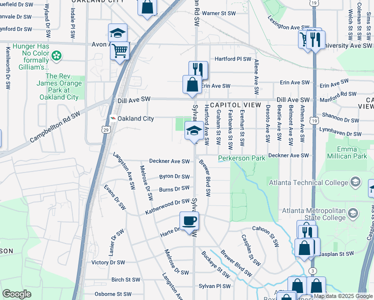map of restaurants, bars, coffee shops, grocery stores, and more near 1461 Sylvan Road Southwest in Atlanta