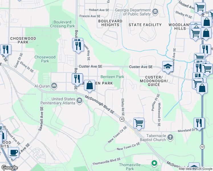 map of restaurants, bars, coffee shops, grocery stores, and more near 1398 Marion Street Southeast in Atlanta