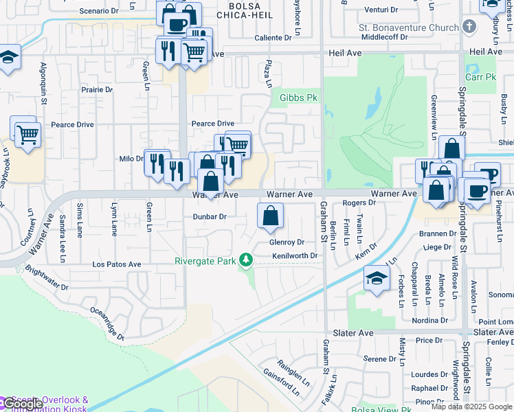 map of restaurants, bars, coffee shops, grocery stores, and more near 17092 Greentree Lane in Huntington Beach