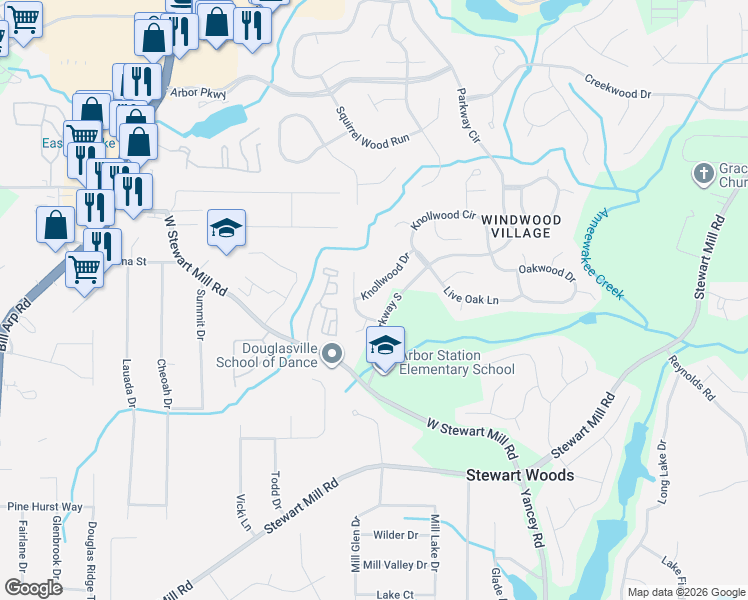 map of restaurants, bars, coffee shops, grocery stores, and more near 9908 Laurel Drive in Douglasville