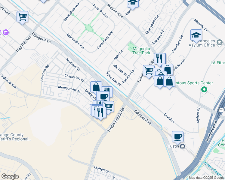 map of restaurants, bars, coffee shops, grocery stores, and more near Edinger Ave & Kensington Park Dr in Tustin
