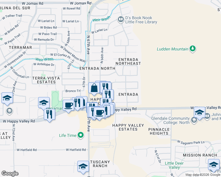 map of restaurants, bars, coffee shops, grocery stores, and more near 25203 North 65th Avenue in Phoenix