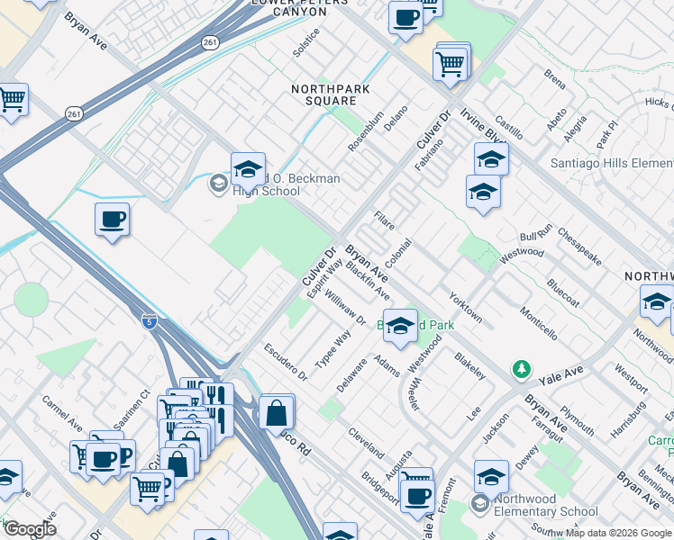 map of restaurants, bars, coffee shops, grocery stores, and more near 4051 Salacia Drive in Irvine