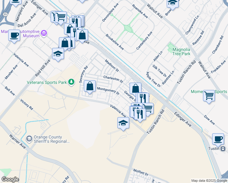 map of restaurants, bars, coffee shops, grocery stores, and more near 15233 Columbus Square in Tustin