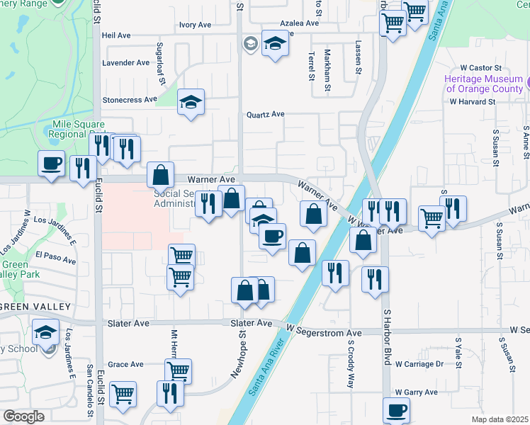 map of restaurants, bars, coffee shops, grocery stores, and more near 17150 Newhope Street in Fountain Valley
