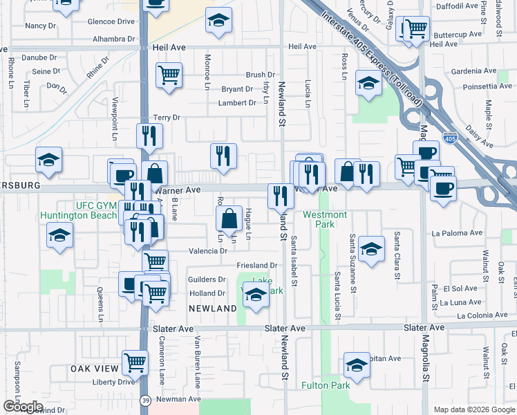 map of restaurants, bars, coffee shops, grocery stores, and more near 8361 Rembrandt Drive in Huntington Beach
